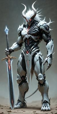 The primary subject of the image is a futuristic robot with a sword. The robot is standing in a gray environment, which gives it a somewhat dark and moody atmosphere. The visual style of the image is digital art, as it appears to be a computer-generated or digitally rendered creation. The colors in the image are predominantly grays and blacks, with some red accents on the sword, adding a touch of contrast and interest to the scene.